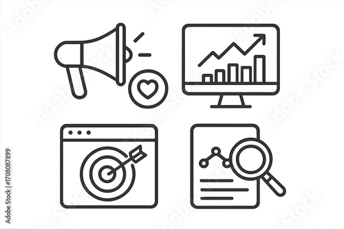 Simple linear icons for digital marketing and analytics, vector cartoon illustration with transparent background, ordered set including megaphone, growth chart, target, and data analysis magnifier