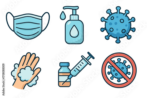 Healthcare icons set with face mask, hand sanitizer, virus particle, hand washing, vaccine vial and syringe, virus prevention, hygiene and immunization concept vector cartoon illustration