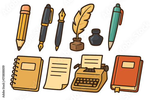 Vintage and modern writing tools vector set, cartoon stationery illustration for creative expression, ink pen, quill, pencil, notebook, paper, typewriter, journal, classic literary artifacts