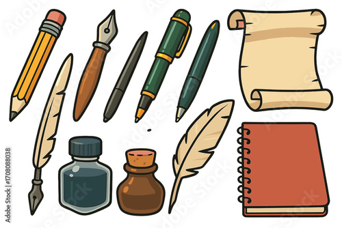 Writing tools and literary artifacts showcase with classic and modern design elements for creative expression, including pens, quills, notebooks, books, and artistic stationery in vector cartoon style