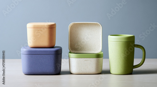 Modern Eco Friendly Lunch Boxes And Mug On Pastel Background