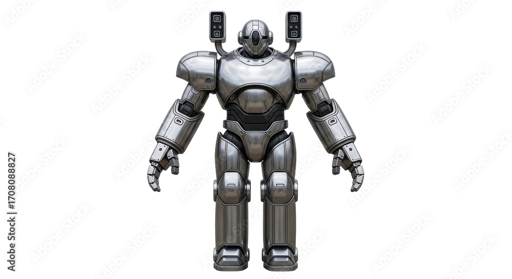 Fototapeta premium Isolated humanoid robot posing for portrait, futuristic android in detailed metal armor suit