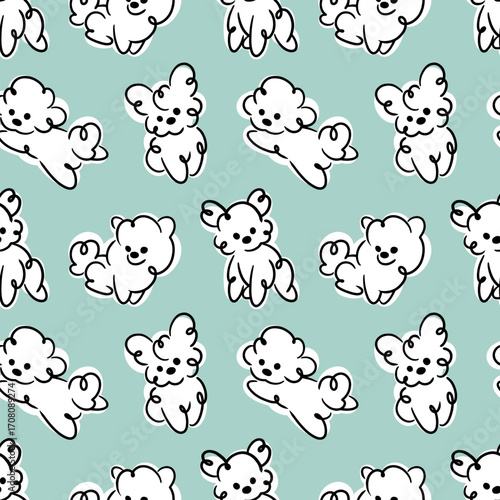 Cute doodles. Fluffy dog. Seamless pattern. Background design. Repeating print for fabric