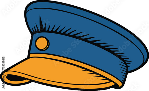 Cartoon Uniform Cap Illustration, Blue and Yellow Pilot or Chauffeur Hat