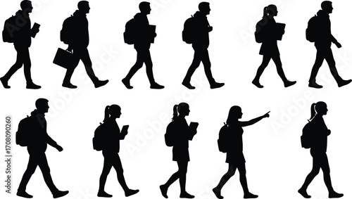 Silhouettes of male and female students walking with backpacks and books, isolated on white background, education concept, campus life, study, youth, vector illustration.