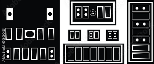 Electric Switchboard Icon Set in Black Color Flat and Line Style Circuit Panel Vector Electrical Board Symbol Collection Power Control System Interface