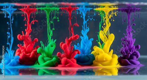 Vibrant splashes of color form abstract, dynamic shapes in a transparent container of liquid.