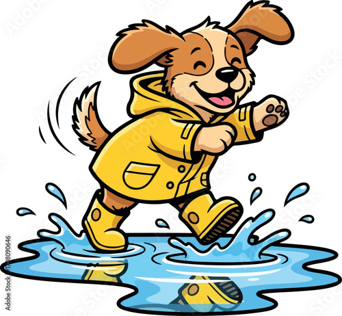 Puppy in Yellow Raincoat Splashing in Puddles - Cute Cartoon Dog Illustration.