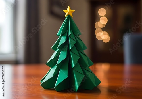 Green origami christmas tree with yellow star