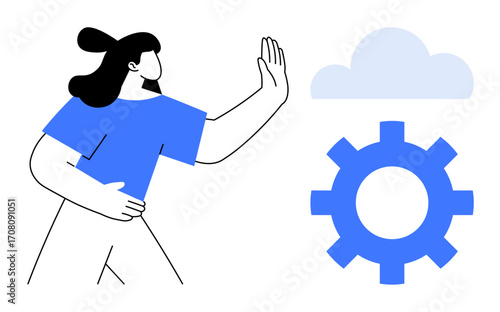Woman gesturing toward cloud icon and gear, representing technological connection, cloud computing, and digital workflows. Ideal for innovation, teamwork, optimization, strategy, progress