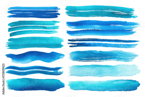 Blue watercolor paint brush stroke line white PNG set bundle, isolated background. Creative brushes pattern art shape design