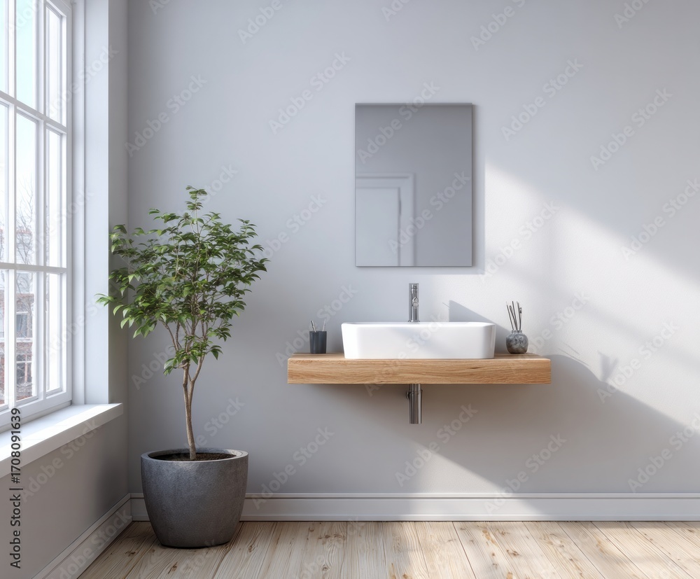 Fototapeta premium A modern bathroom vanity with a floating wooden countertop, a sleek white sink, and a stylish mirror, bathed in natural light, creates a serene and airy ambiance.
