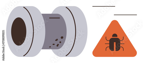 Corroded pipe segment with visible pitting and orange triangle warning sign featuring pest alert. Ideal for system maintenance, contamination risk, corrosion, rust prevention, inspection report
