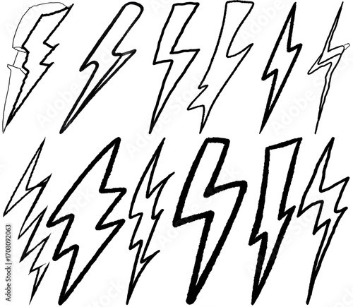 Lightning bolt icon. Flash symbol, thunderbolt, blitz lightnings strike sign. Electric energy black silhouettes, power concept. Vector isolated dynamic sports logo set