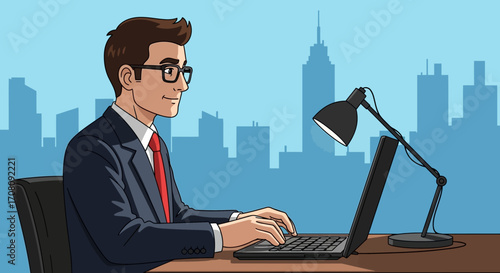 businessman working on laptop,A professional businessman diligently working on his laptop in a contemporary office environment. Perfect for illustrating business, technology, and corporate themes. 