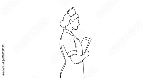 Simple yet powerful line drawing of a nurse ready to provide compassionate patient care. Ideal for healthcare, medical, and wellness campaigns. Evokes trust and expertise.
