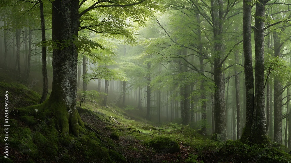 Fototapeta premium Misty Green Forest Path with Tall Trees and Lush Foliage in Natural Setting