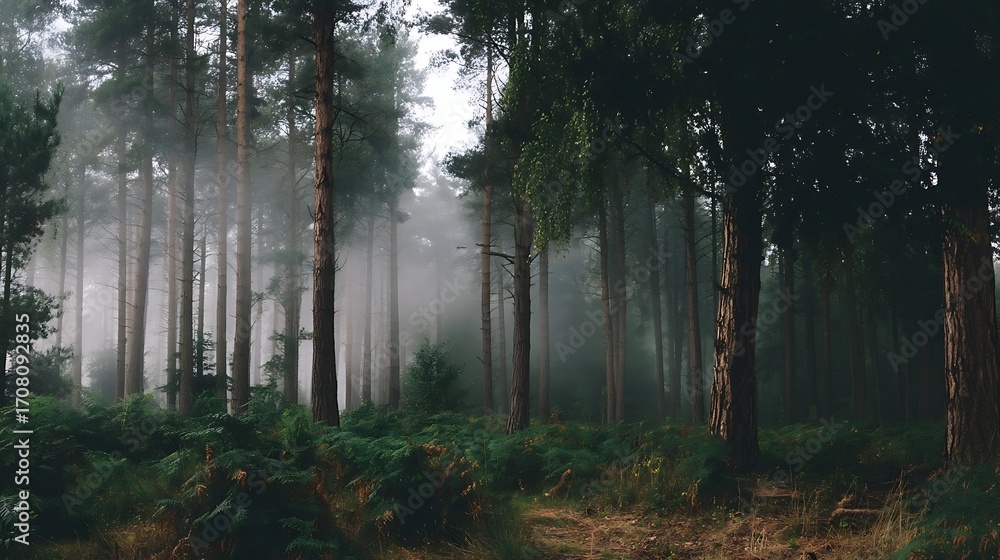 Obraz premium Misty Forest Scene with Tall Pine Trees and Green Foliage in Natural Light