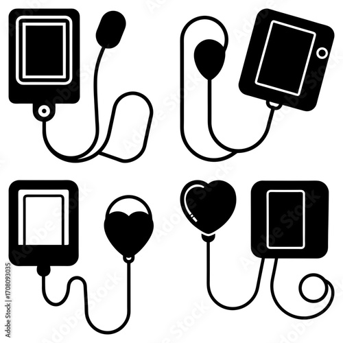 Illustration showing four blood pressure monitors with different cuff shapes in black and white style