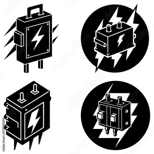 Four isometric electrical boxes with lightning bolts in black and white vector illustration style drawing