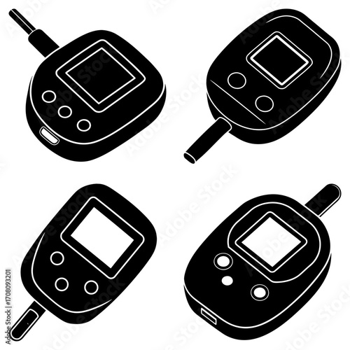 Four black and white illustrations of glucose meters with screens and buttons in various orientations