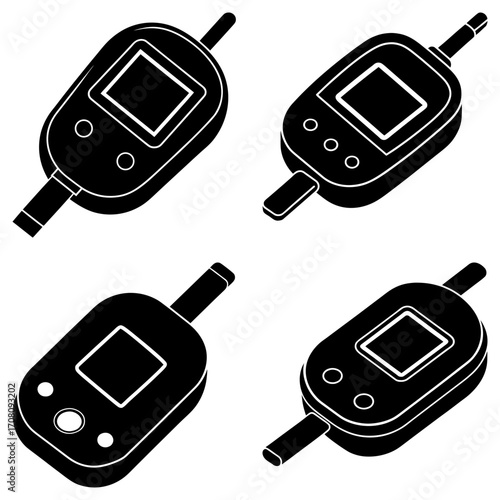 Four isometric views of a black glucose meter device used for monitoring blood sugar levels in diabetes care