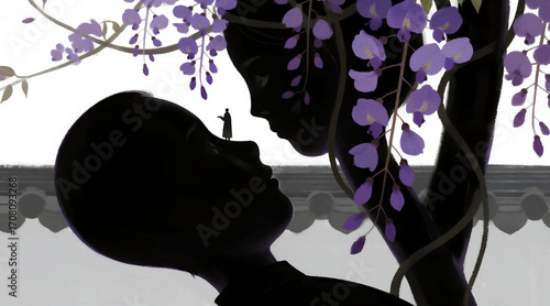 Wisteria flower silhouette, drooping bouquet, minimalist white space