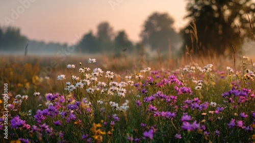 Fototapeta Naklejka Na Ścianę i Meble -  Closeup of a meadow filled with vibrant purple and white wildflowers at sunrise with soft morning light