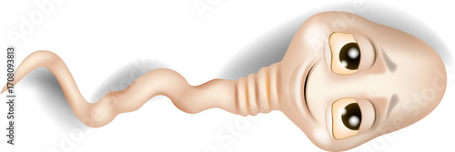 A funny cartoon illustration of a sperm cell with big expressive eyes and a smiling face, isolated on a white background. Cute sperm mascot Playful and humorous design