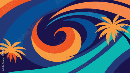 Abstract Tropical Swirls and Palm Trees in Vibrant Colors ocean
