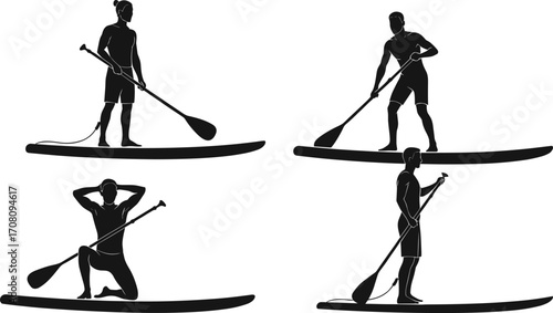 Silhouettes of men and women paddleboarding in various poses, outdoor water sport activity, stand-up paddleboarding adventure, balanced and active lifestyle.