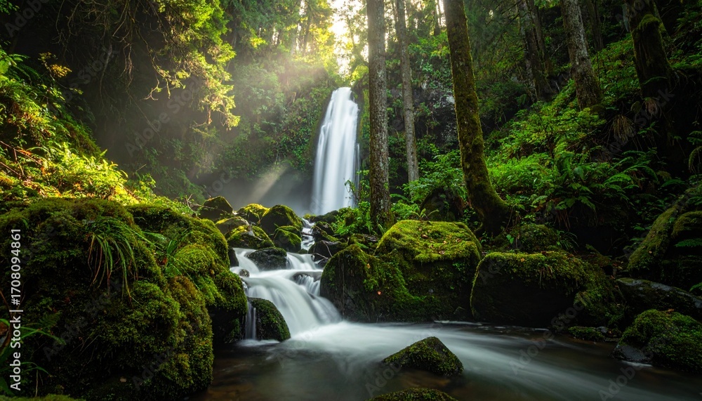 Obraz premium Forest Waterfall Stock Image – Realistic Nature Photography with Green Landscape