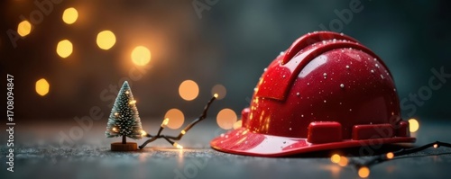 Hard hat with miniature Christmas tree and lights , xmas, building site