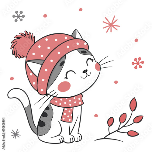 Fun holiday cartoon vector illustration of a jolly bear wearing a santa hat and holding a gift on a snowy winter background