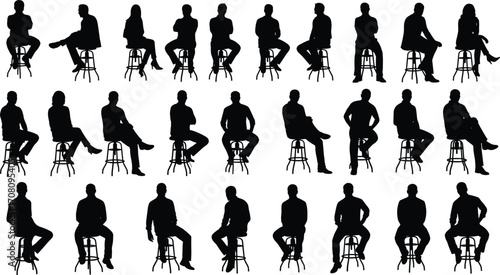 Silhouettes of men and women sitting on stools in different postures ideal for interview, waiting area, studio, or presentation designs.