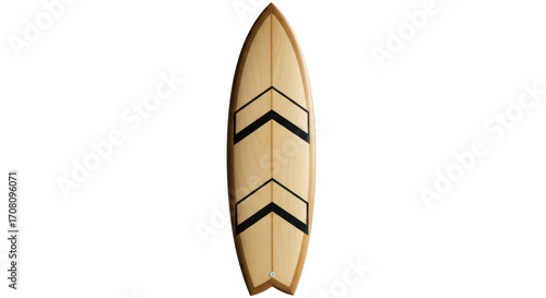 Photography Isolated wooden surfboard with decorative chevron design on the front for water
