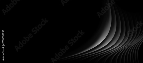 Curved silver lines creating a flowing abstract shape on black