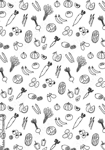 かわいい手描きの野菜モノクロ背景パターン