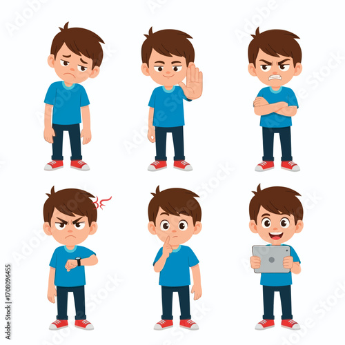 Set of a young boy character expressing a range of emotions and gestures, including anger, sadness, and happiness while using a tablet