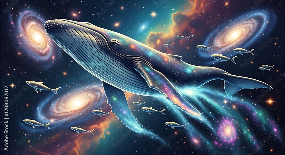 Naklejka premium Whale swimming through galaxies and nebulae with smaller fish, cosmic, ethereal, fantasy, breathtaking, awe-inspiring
