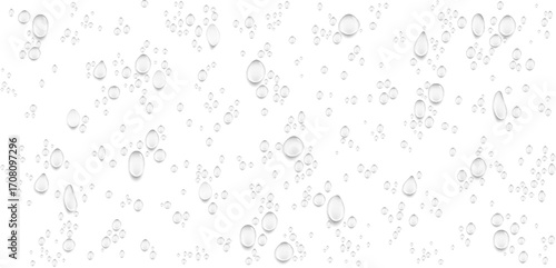 Vector realistic condensation drops with mesh gradients. Png ransparent water droplets on white, designed as an overlay for any background. Perfect for hydration, cosmetic, and fresh product concepts.