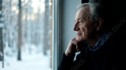 A pensive older man gazes out a window at a serene snow-covered winter landscape lost in thought and reflection capturing moments of quiet contemplation and int