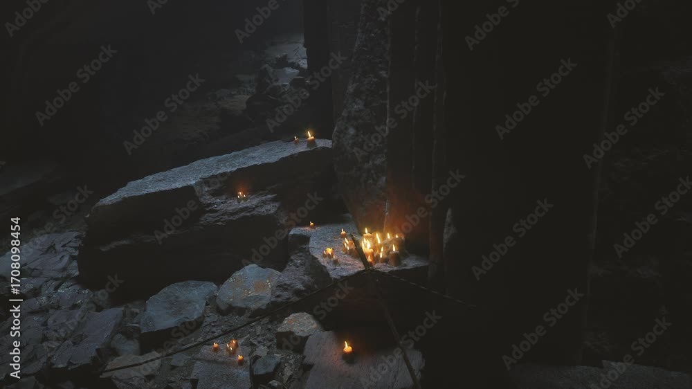Soft candlelight flickers, casting warm glows on ancient stones within ...