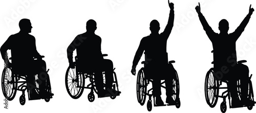 Silhouettes of men in wheelchairs showing dynamic and victorious poses, disability empowerment concept, adaptive mobility, confident and strong wheelchair users.Silhouettes of men in wheelchairs 