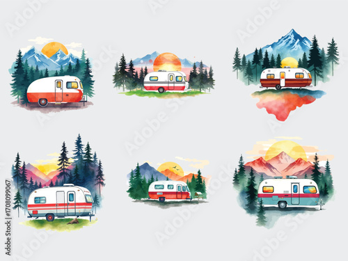 Vintage camper van scenes in mountain and forest landscapes with sunrise sunset
