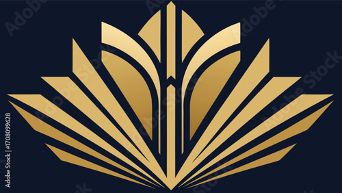 Art Deco Golden Fan or Feather Motif on Dark Blue Background vector illustration