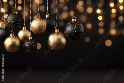Elegant black and gold Christmas ornaments hanging against a blurred lights background