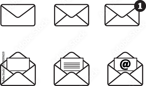minimal line envelope and mail icons set with message notification, email, and open letter symbols