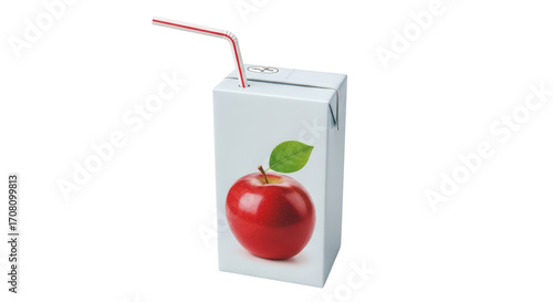 Isolated apple juice box with red and white straw for child, fresh healthy drink concept