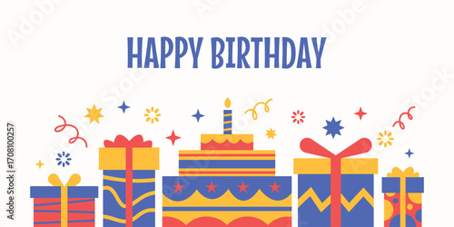 Happy birthday greetings design. Cartoon birthday party typography with cake, and gifts elements.